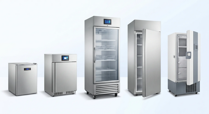 Product lineup of professional medical-grade cold storage units from Follett, including a countertop refrigerator, undercounter refrigerator, glass-door upright refrigerator, upright freezer, and ultra-low temperature freezer.