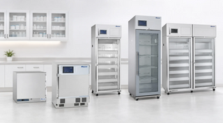 Follett medical refrigerators including REF1, REF5P-T, REF12i, REF20i-4S, REFOMN20i and REF45-PD displayed in a clean clinical laboratory setting for pharmacy, healthcare and medical cold storage applications