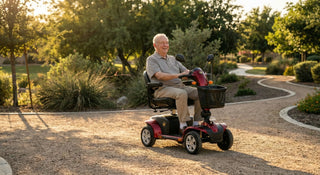 Golden Technologies Avenger 4-wheel heavy-duty mobility scooter being used on an outdoor gravel path in a park.