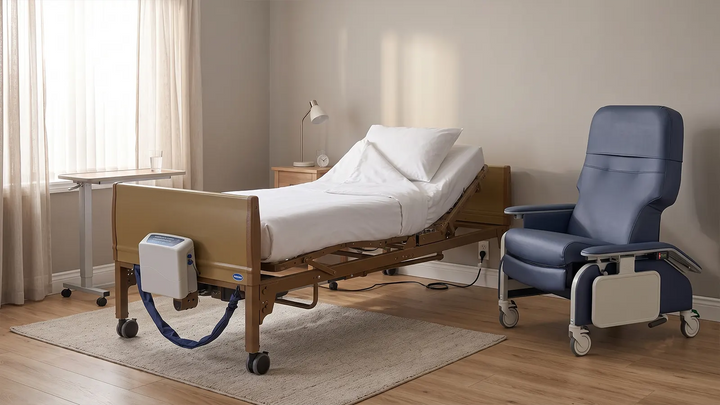 Home care bedroom with a full electric hospital bed, low air loss mattress system and clinical care recliner arranged for daily care