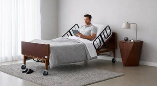 Man sitting upright on a Drive Medical full-electric hospital bed in a home bedroom setting, demonstrating comfortable home-care use.”