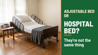 Adjustable bed or hospital bed, they’re not the same thing: a full electric home hospital bed with the head raised and rails up in a sunlit living room