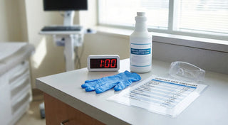 Clinic disinfectant selection hero image showing contact time checklist, timer, and PPE on a clean exam room counter