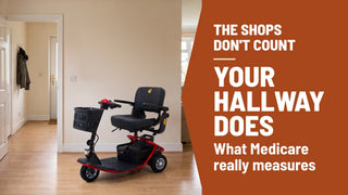 How to get a mobility scooter through Medicare: compact travel scooter in a home hallway facing an open doorway