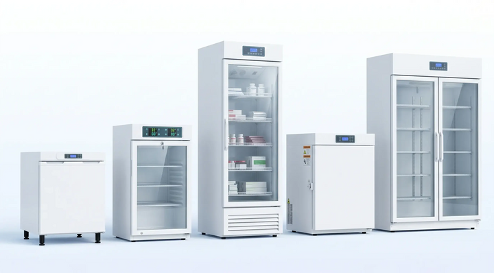 KoolMore medical freezer and pharmacy refrigerator lineup showing PHF undercounter freezers and PHR upright refrigerators from 3.7 to 35 cu.ft.