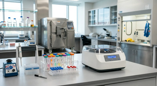 Modern laboratory centrifuge buying guide visual showing benchtop and floor centrifuge options with sample tubes and clean clinical lab setting