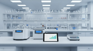 A modern laboratory bench featuring a centrifuge, incubator, and a digital tablet displaying a vendor scorecard for evaluating lab equipment suppliers.