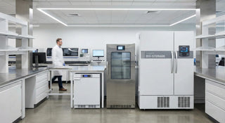 A modern laboratory displaying a lineup of refrigeration units, including a compact 5 cu ft undercounter freezer, a mid-size 7-9 cu ft stainless steel upright freezer, and an 11 cu ft bio-storage freezer.