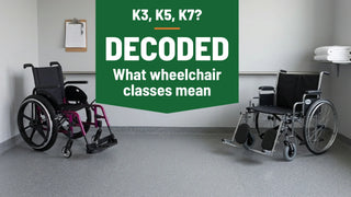 K3, K5, K7 decoded: an ultralightweight folding wheelchair beside a 30 inch bariatric wheelchair in a clinic equipment room