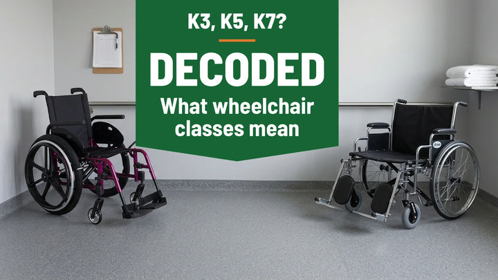 K3, K5, K7 decoded: an ultralightweight folding wheelchair beside a 30 inch bariatric wheelchair in a clinic equipment room