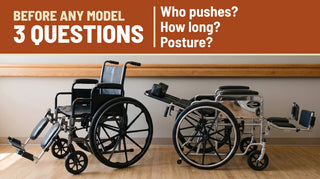 Before any model, 3 questions: who pushes, how long, posture. A standard folding wheelchair and a Karman reclining wheelchair in an assisted living day room