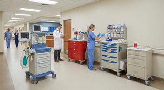 Hospital corridor displaying a lineup of essential medical cart types, including a blue anesthesia cart, red crash cart, and beige procedure cart, illustrating proper selection for efficient clinical workflow and organized storage.