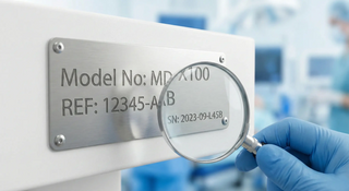 Close-up view of a professional verifying a medical device specification plate, magnifying the model number MD-X100 and serial number SN: 2023-09-L45B.