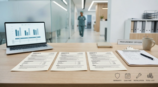 Medical equipment quote comparison checklist showing apples-to-apples vendor evaluation with warranty, lead time, installation, and total cost review.