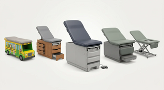 Medical exam table lineup showing pediatric themed table, manual family practice table, shrouded power exam table, bariatric extra wide table, and power imaging table