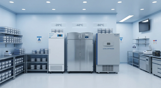 Medical freezer temperature ranges showing -20°C, -40°C, and -80°C cold storage units in a modern laboratory.