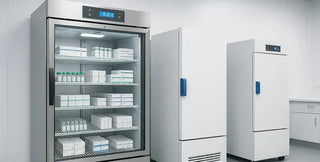 Professional medical cold storage units including a glass-door pharmacy refrigerator and upright lab freezers in a clean laboratory environment.