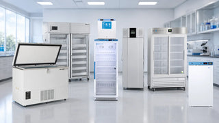 Medical refrigeration lineup: vaccine refrigerator, hospital pharmacy refrigerator, lab refrigerator, compact NSF/ANSI 456 unit, upright ULT freezer, and explosion-proof chest ULT freezer