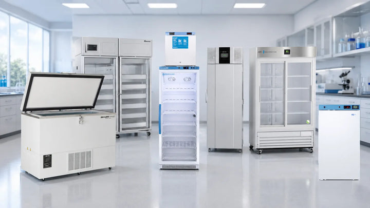 Medical refrigeration lineup: vaccine refrigerator, hospital pharmacy refrigerator, lab refrigerator, compact NSF/ANSI 456 unit, upright ULT freezer, and explosion-proof chest ULT freezer