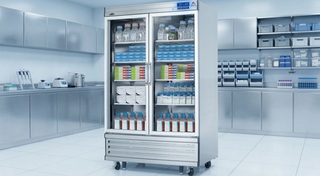 A medical-grade refrigerator with a digital temperature display showing stable readings in a clean clinical environment