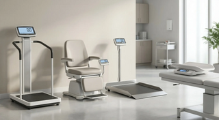 Medical scale types for clinics including stand-on scale, chair scale, wheelchair platform scale, and pediatric baby scale in a modern exam room