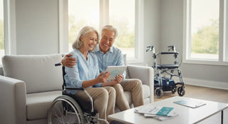 Smiling senior couple reviewing Medicare information on a tablet at home, with a wheelchair and walker nearby, illustrating mobility aid coverage and at-home care planning.
