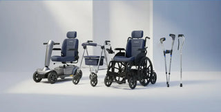 Mobility aid solutions including a power scooter, rollator walker, manual wheelchair, and walking canes displayed in a clean studio setting.