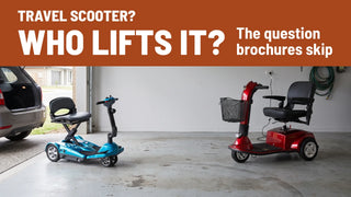 Travel scooter, who lifts it: an auto-folding travel scooter beside an open car trunk and a full size three wheel scooter charging in a garage