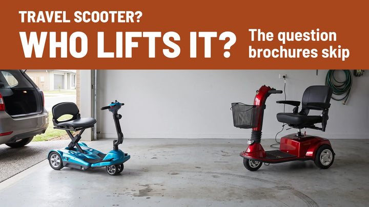 Travel scooter, who lifts it: an auto-folding travel scooter beside an open car trunk and a full size three wheel scooter charging in a garage