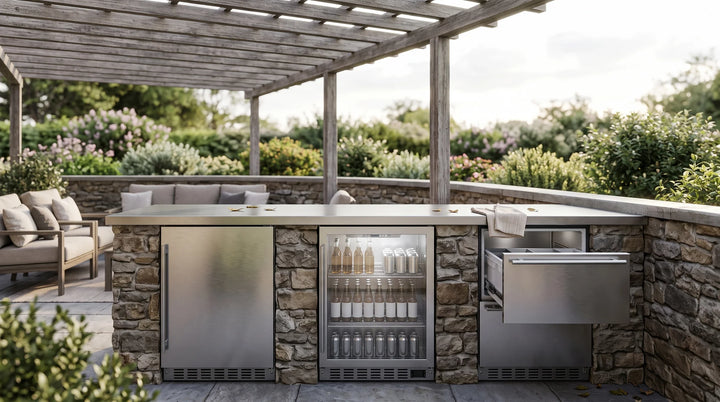 Resident helping themselves to a drink from a lit outdoor beverage center built into a stone terrace counter at a senior living community