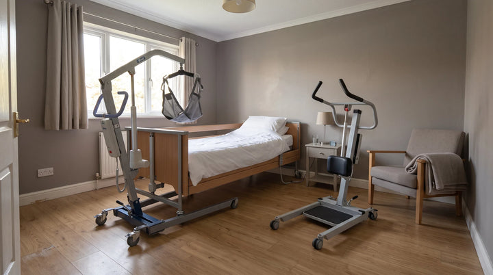 Care worker preparing a sit-to-stand lift beside a hydraulic full body floor lift positioned under a hospital bed in a home care bedroom