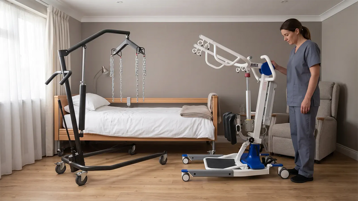 Care worker preparing a sit-to-stand lift beside a hydraulic full body floor lift positioned under a hospital bed in a home care bedroom