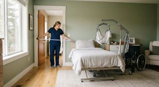 Caregiver measuring doorway and bed clearance in a home bedroom while preparing for a patient lift transfer setup