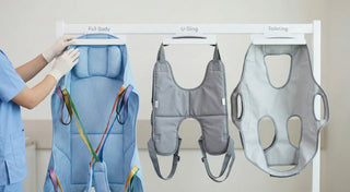 Patient lift sling types hero image showing full body sling, U-sling, and toileting sling for safe transfers.