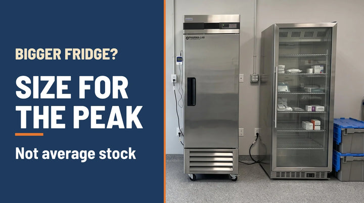 Bigger fridge, size for the peak: a 23 cubic foot Accucold Pharma-Lab upright pharmacy refrigerator beside a glass door pharmacy refrigerator in a pharmacy back room