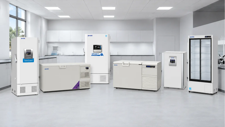 PHCbi ultra-low freezers, cryogenic freezer, CO₂ incubator and pharmaceutical refrigerator in a modern laboratory