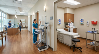 Modern physician office setup showing reception, intake station, and exam room workflow in a clean clinical environment