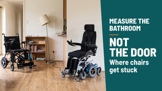 Measure the bathroom, not the door: a standing power wheelchair charging in a living room and a folding power chair beside a hallway doorway