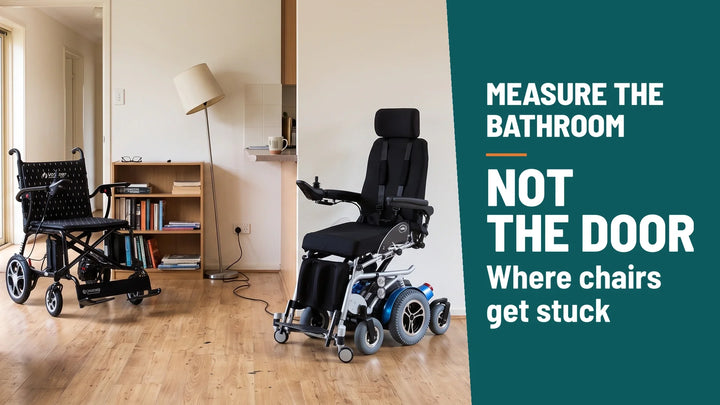 Measure the bathroom, not the door: a standing power wheelchair charging in a living room and a folding power chair beside a hallway doorway