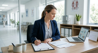 Private practice clinic manager reviewing medical equipment quotes with a budget checklist and procurement planning documents.