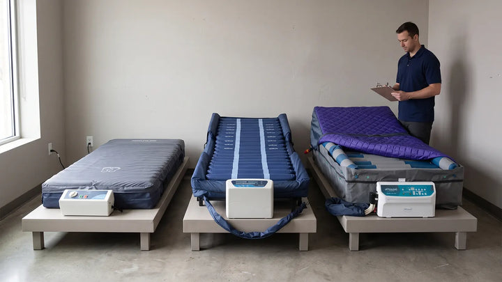 Technician reviewing the control panel of a lateral rotation mattress pump beside entry and mid-tier alternating pressure systems from the same series