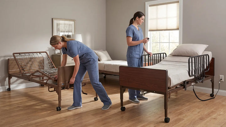 Caregiver turning the manual crank on a semi-electric hospital bed while another adjusts a full electric bed with a hand pendant