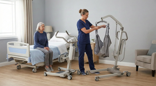 Caregiver preparing a full-body Hoyer patient lift with sling attached beside an elderly woman seated on a hospital bed in a home care room