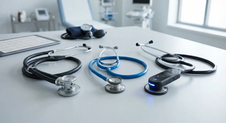 Medical-grade cardiology, lightweight, and digital stethoscopes arranged on a clinical desk with a blood pressure cuff to improve diagnostic accuracy and clinical workflow.
