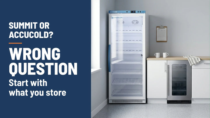 Summit and Accucold, which brand for which setting: an Accucold glass door vaccine refrigerator beside a Summit built-in beverage center in a clinic