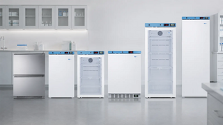 Summit NSF 456 medical refrigerator lineup featuring ACR31WNSF456LHD, ACR32GNSF456LHD, ACR51WNSF456, ACR1012GNSF456LHD, ACR1601WNSF456LHD and ADRD241CSS in a clean clinical laboratory setting for vaccine, pharmacy and medical cold storage