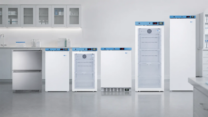 Summit NSF 456 medical refrigerator lineup featuring ACR31WNSF456LHD, ACR32GNSF456LHD, ACR51WNSF456, ACR1012GNSF456LHD, ACR1601WNSF456LHD and ADRD241CSS in a clean clinical laboratory setting for vaccine, pharmacy and medical cold storage