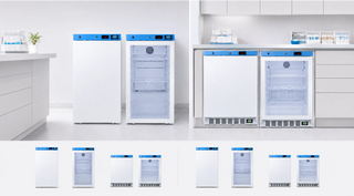 Summit undercounter medical refrigerators comparison showing ACR31W, ACR32G, ACR51W and ACR52G in freestanding and built-in clinic storage setups.