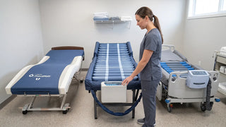 Nurse checking the control unit on a low air loss mattress system beside foam and lateral rotation support surfaces in a care facility equipment room