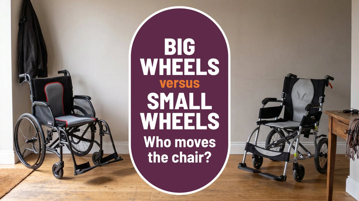 Big wheels versus small wheels: a manual wheelchair with large self-propel rear wheels beside a transport chair with small wheels in a home entrance hall